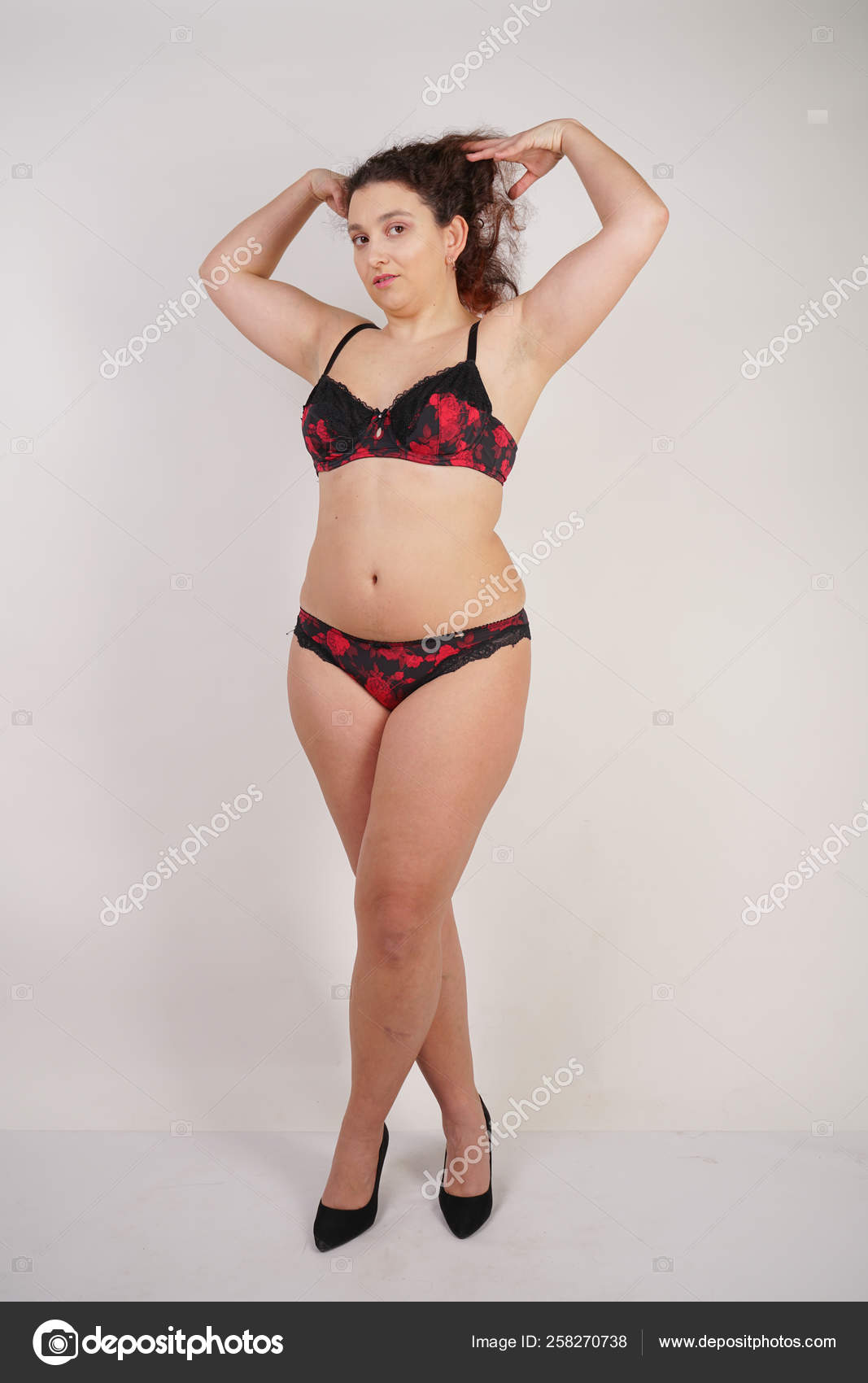 Feminine Chubby Woman Size Body Black Lingerie Posing White ...