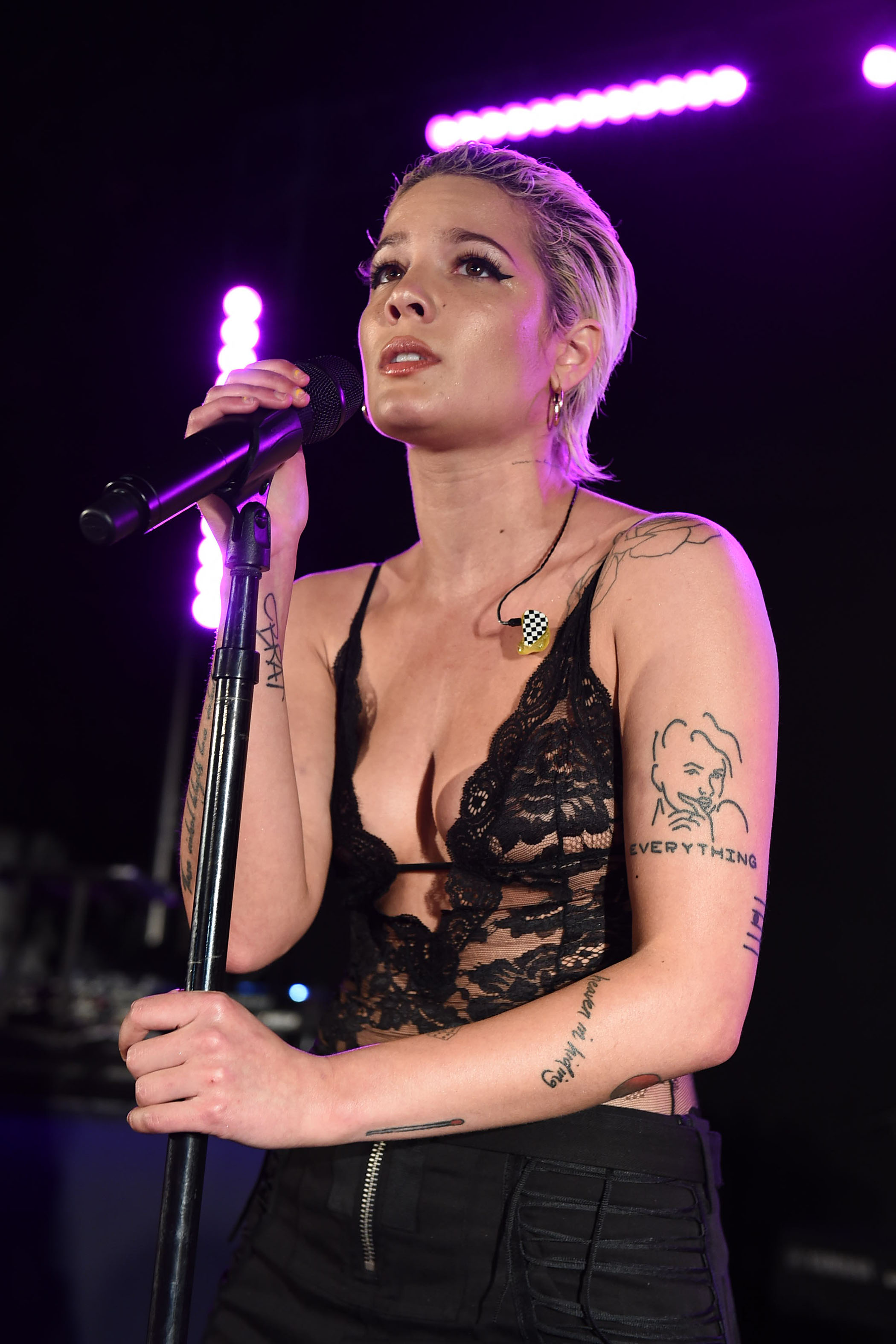 Halsey Nipples in a See through black lace bodysuit 022 ...