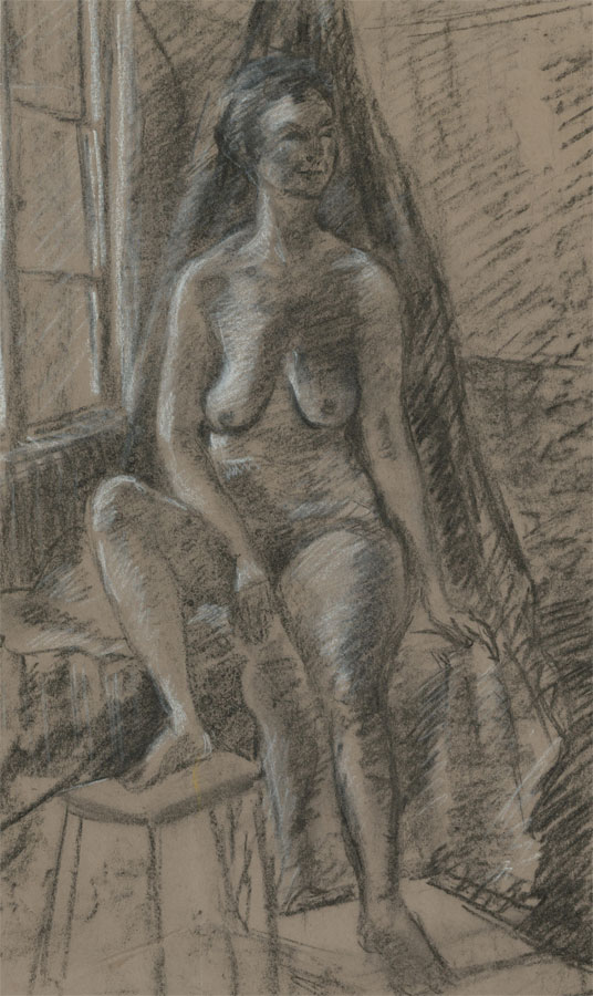 Details about Renee Young - 20th Century Charcoal Drawing, Female Nude in  an Interior