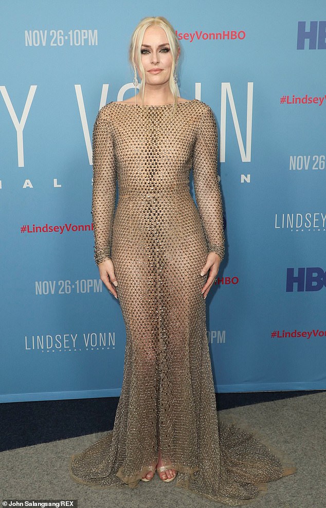 Lindsey Vonn dons nude sheer gown for the premiere of her new ...